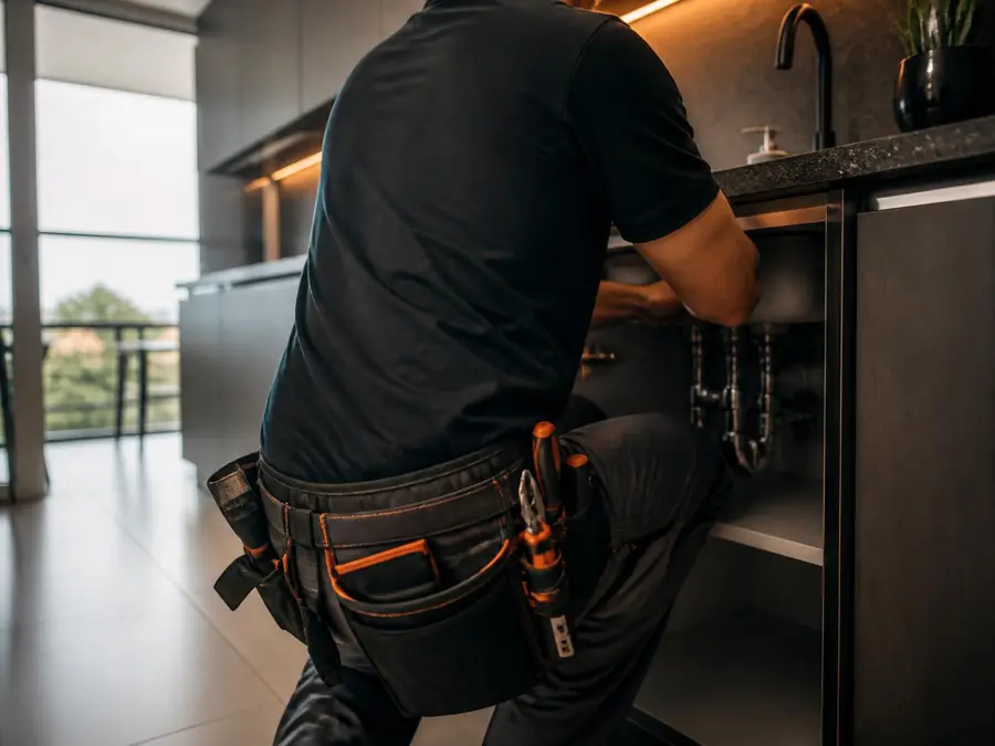 Profissional de manutenção residencial trabalhando no reparo de uma pia de cozinha